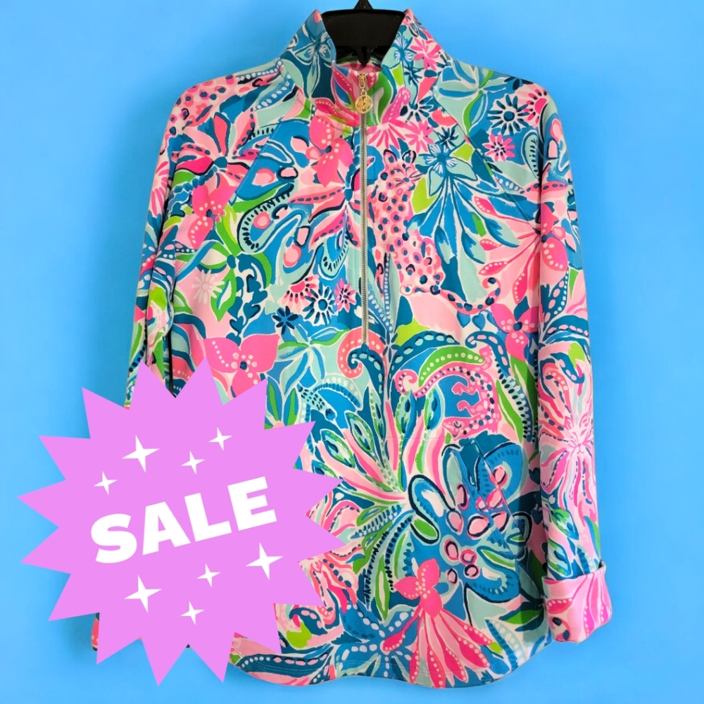 Lilly Pulitzer Jacket UPF 50+ Skipper Popover Turquoise Oasis Golden Hour (S)